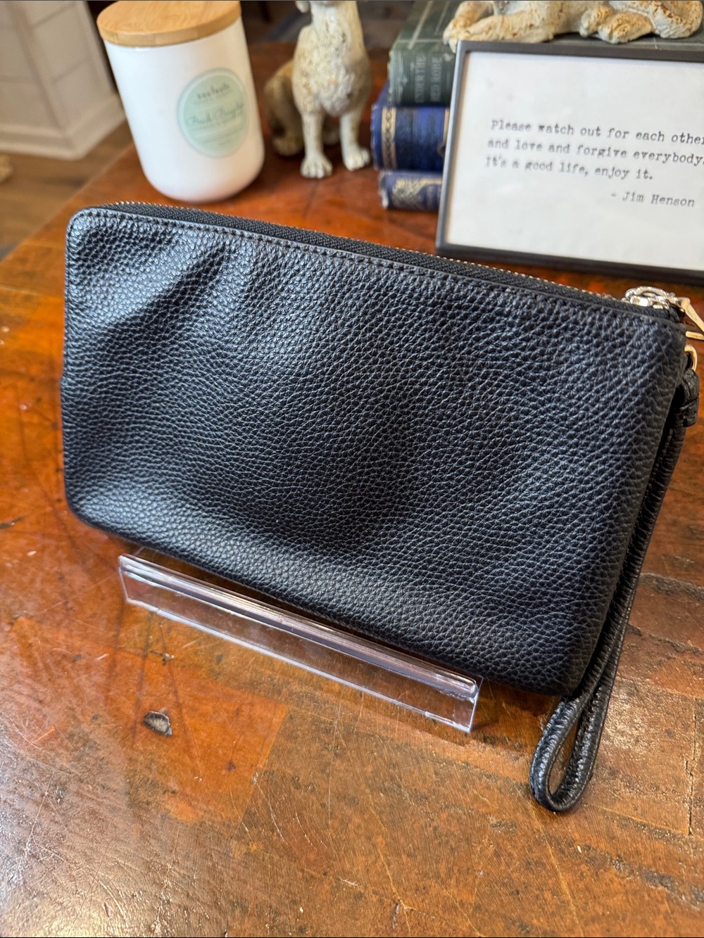 Coach Black Pebbled Leather Wristlet Pouch with Gold Hardware - Picture 2 of 9